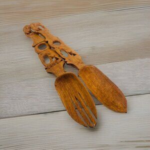 Vintage Hand Carved Wood Salad Fork Serving Spoon Large Elephants 13”